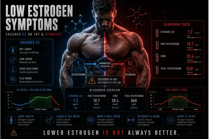 Low Estrogen Symptoms on Steroids and TRT: Why Crashed E2 Can Feel Worse Than High Estrogen